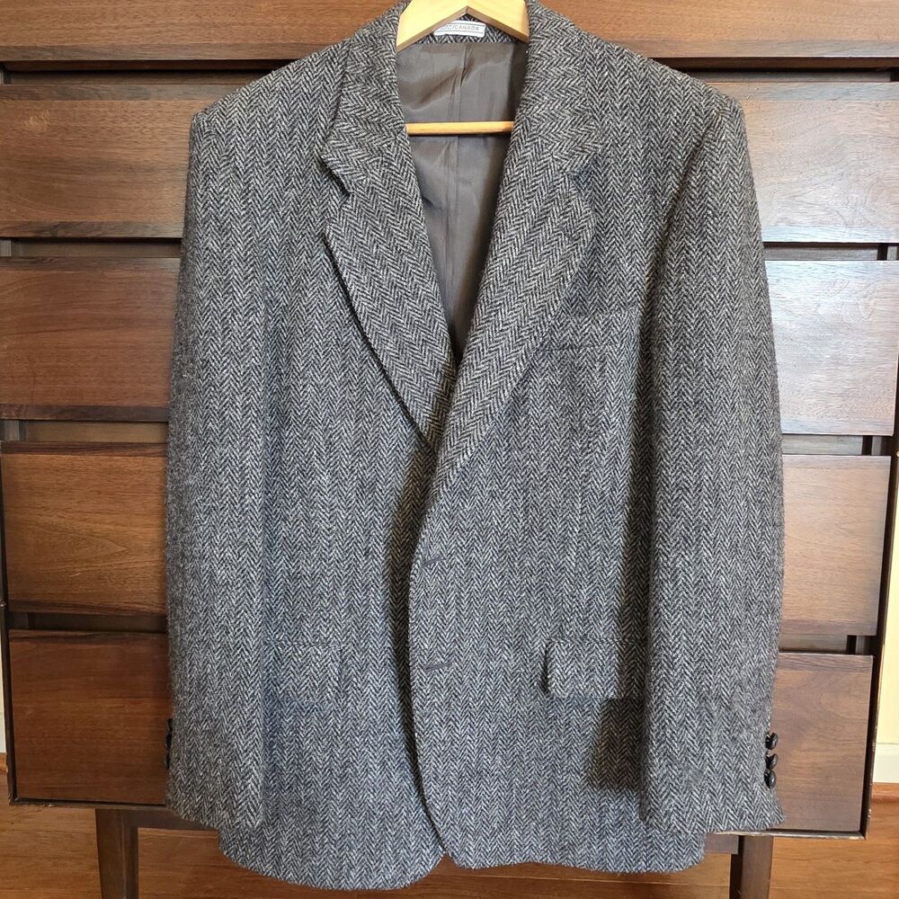 Vintage Harris Tweed Wool Mens Blazer Sport Coat Jacket Gray Herringbone 40R